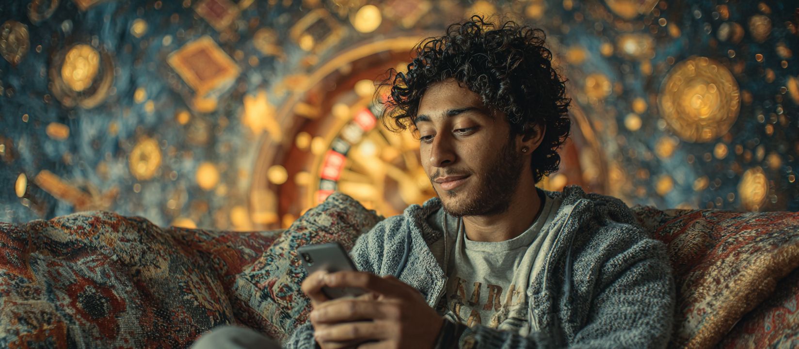 A man with curly hair sits on a sofa and uses the A71com app on his smartphone