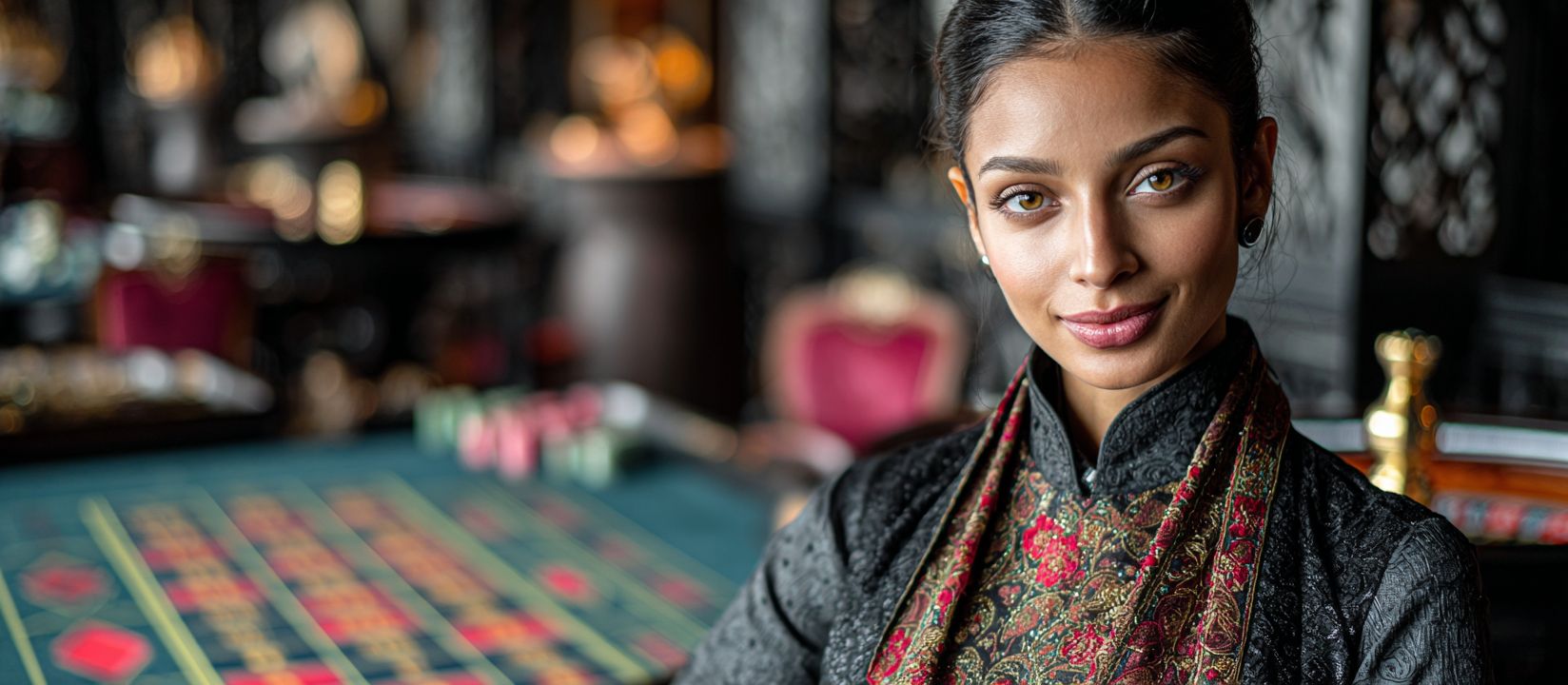 A female dealer in traditional clothing stands at a casino gaming table, smiling for the camera