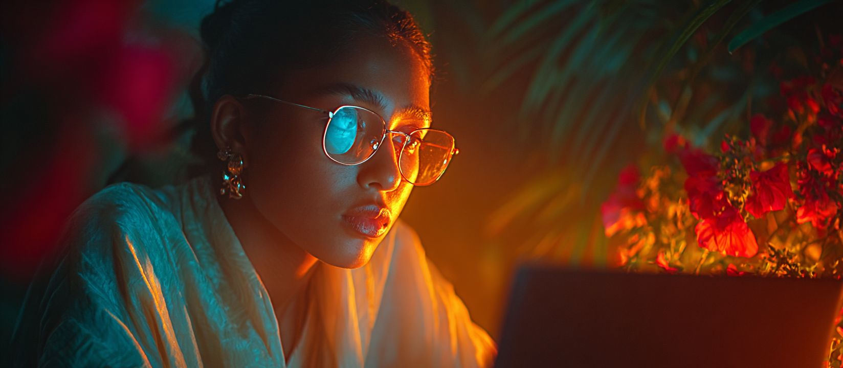 Woman in glasses plays casino games at laptop in soft lighting