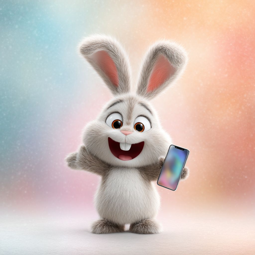 Cute cartoon rabbit holding a smartphone and smiling happily