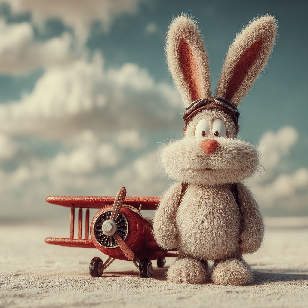 A cheerful rabbit in flight goggles stands next to a small aeroplane