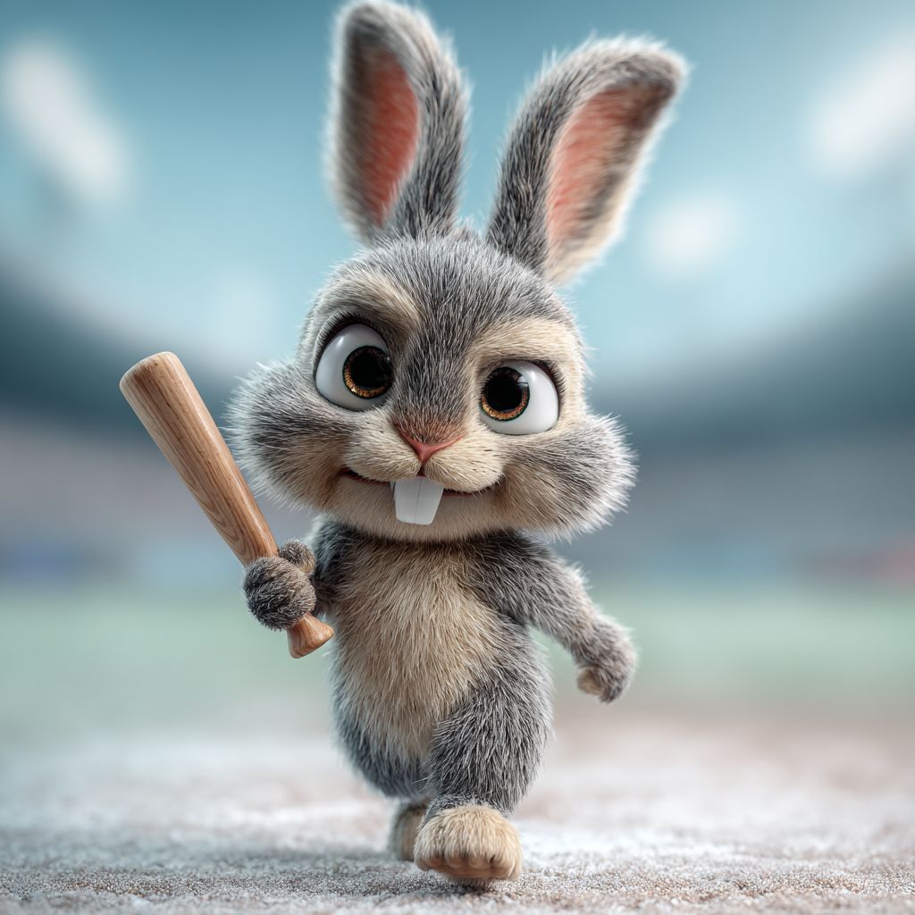 An adorable bunny with a baseball bat is ready to play
