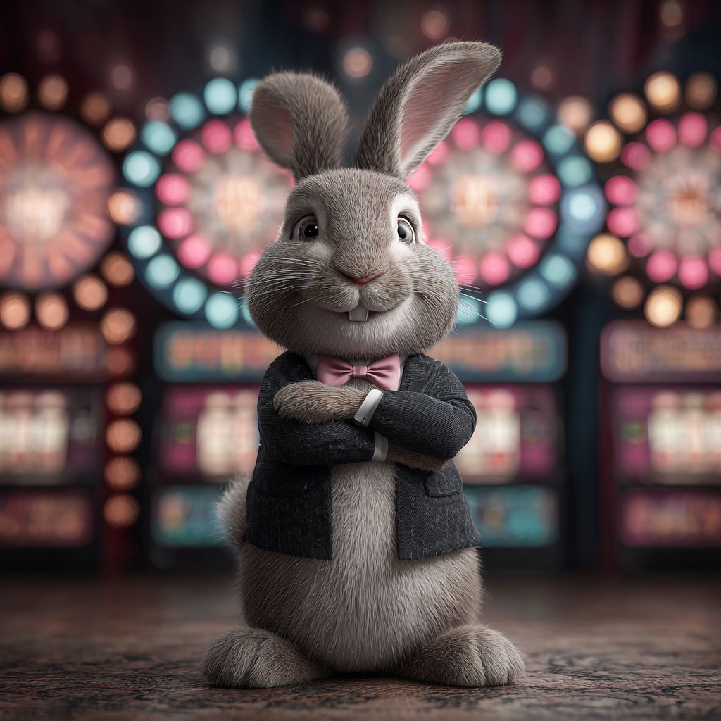 A rabbit in a suit and bowtie stands in the background of a brightly coloured casino