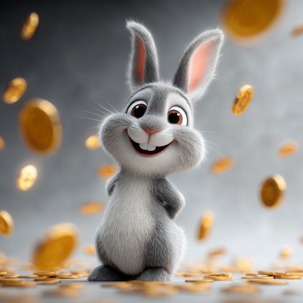 The grey rabbit smiles among the gold coins