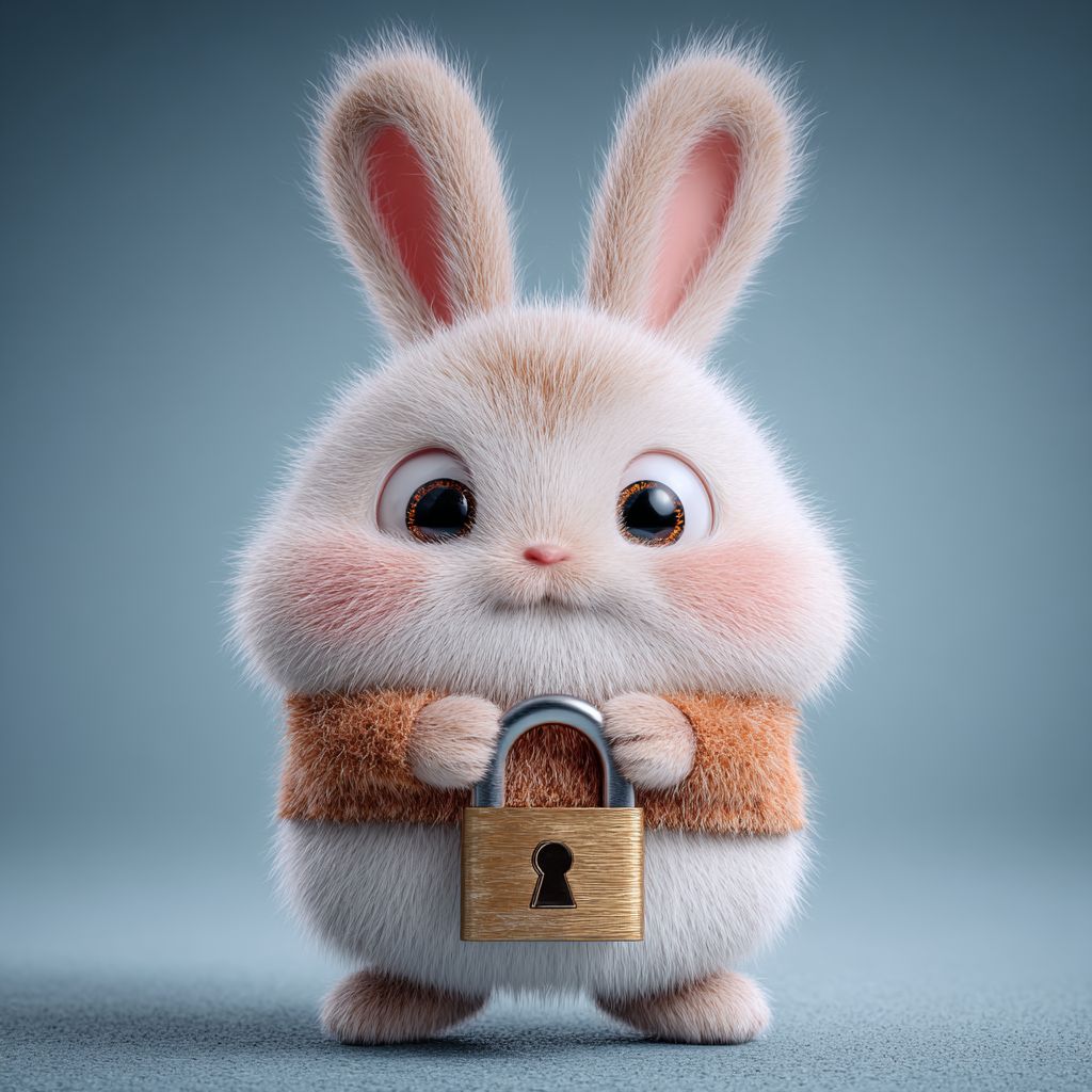A fluffy rabbit holds the lock, symbolising the safety of the entrance