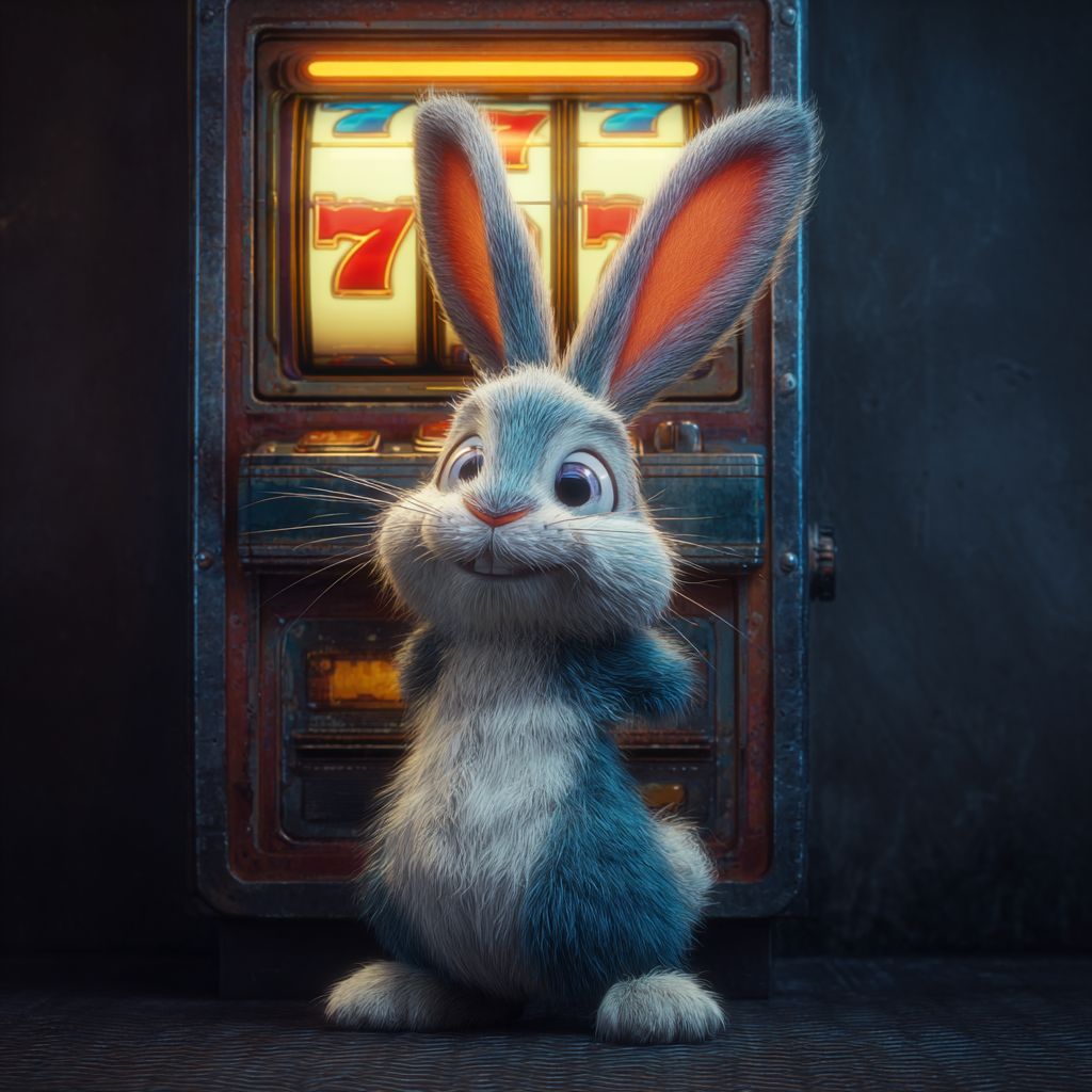 A funny rabbit poses in the background of a slot machine