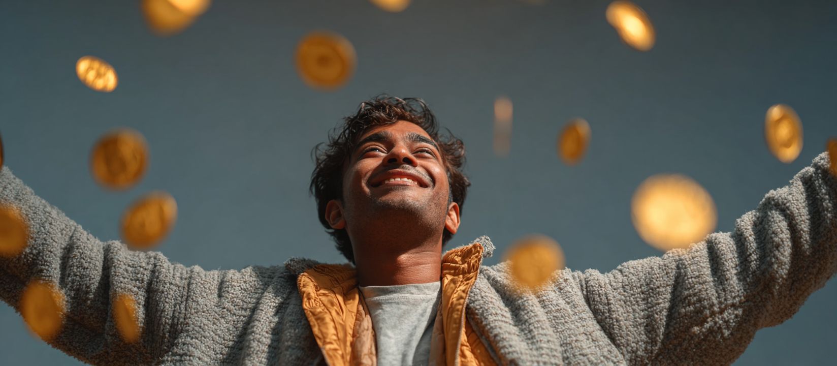 A happy man in a grey jacket is enjoying the secure and fast A71com login system, with gold coins floating around him.