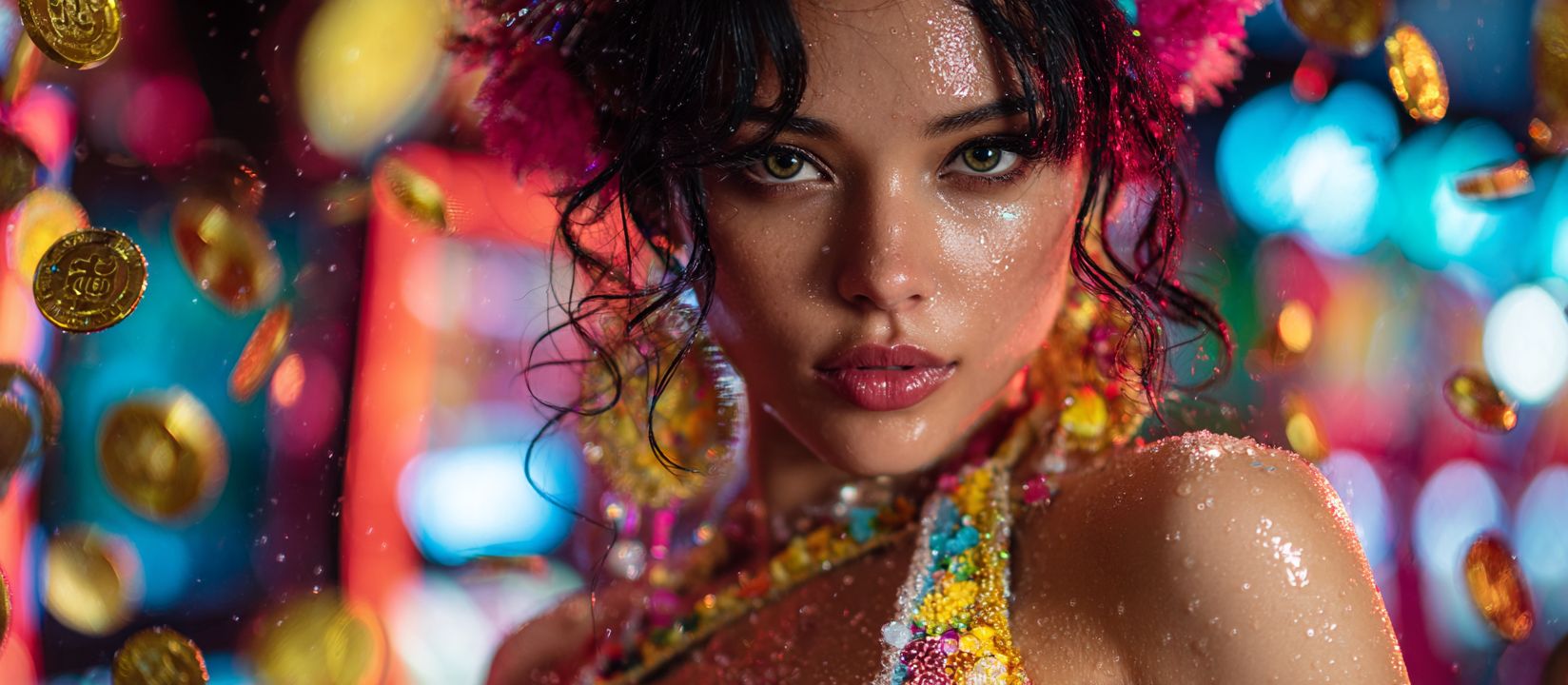 Close-up of a woman with wet skin and bright make-up, gold coins flying around