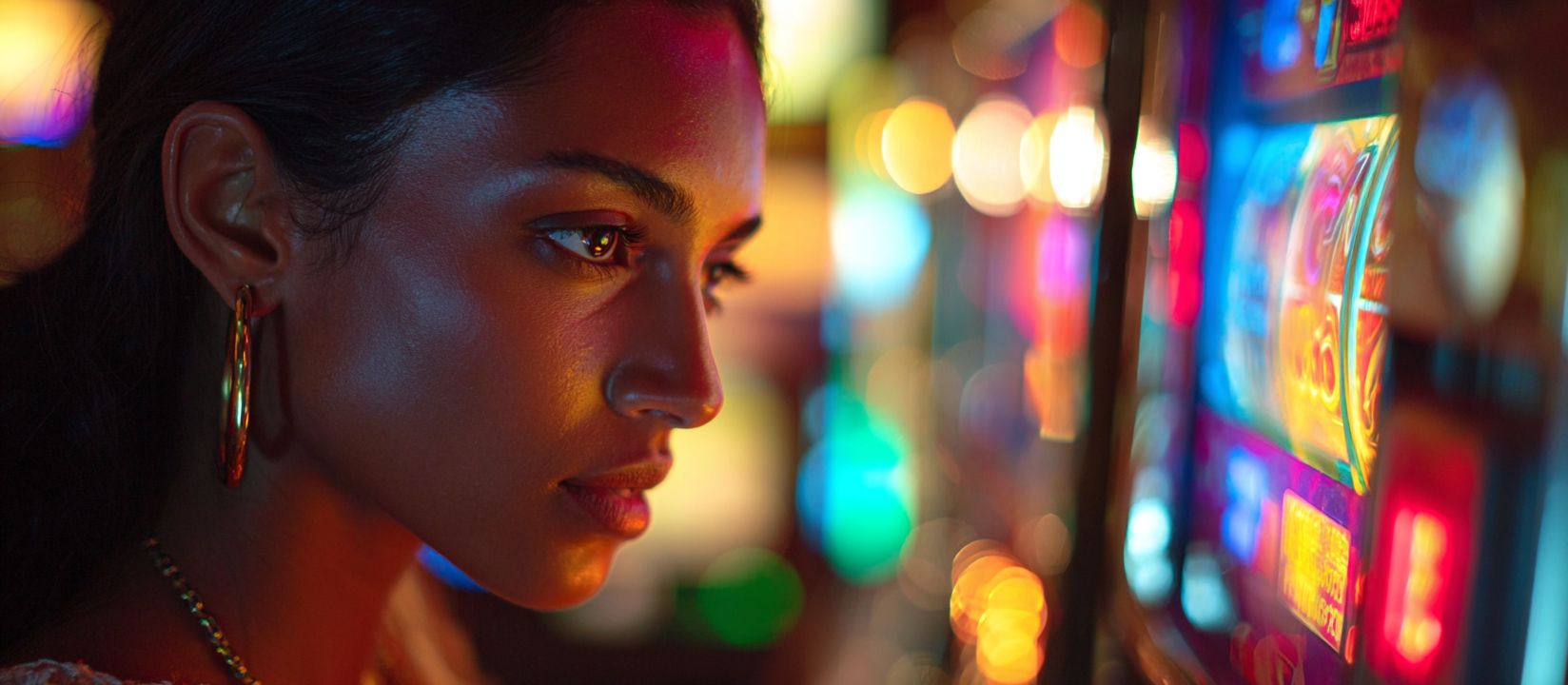 A woman with earrings stares intently at the screen of a slot machine with bright lights
